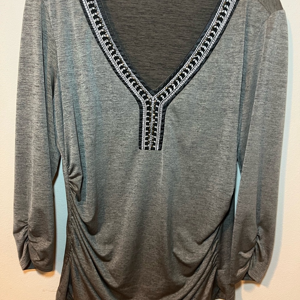 Gray V-Neck Embellished Women's Top